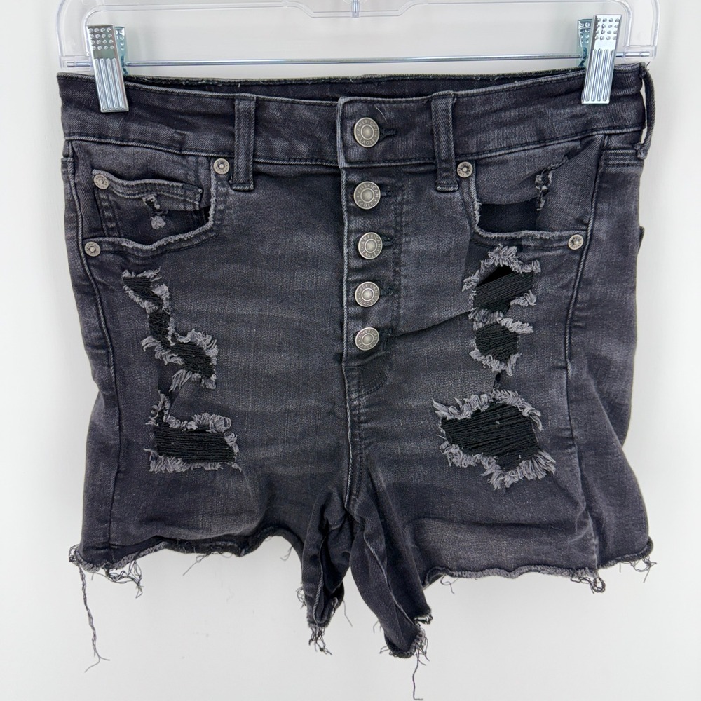 American Eagle Black Distressed High Waisted Button Fly Denim Shorts Womens 8